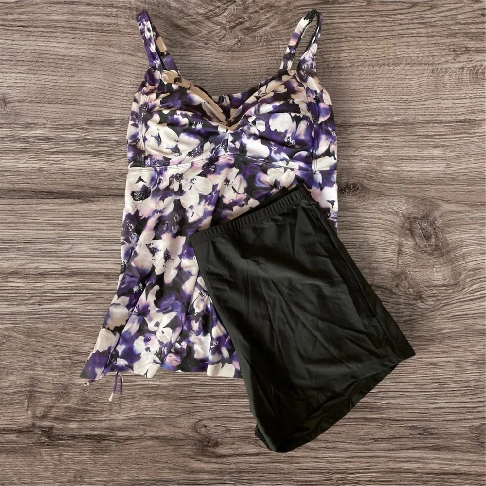 Aqua Eve Women Plus Size Tankini Swimsuit Two Piece Flowy Swimdress Swim Shorts - Picture 4 of 6